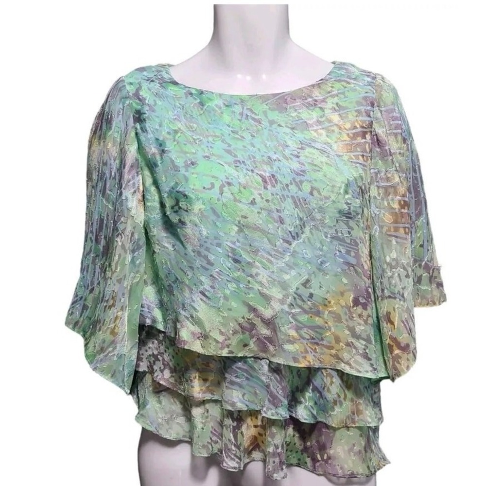 VTG 80s Alex Evenings Tiered‎ Blouse Womens petite (Large Petite) green purple